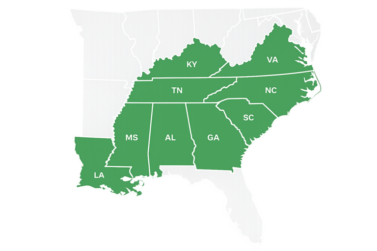 Map showing states where we are licensed to operate: Alabama, Georgia, Kentucky, Louisiana, Mississippi, North Carolina, South Carolina, Tennessee, and Virginia.