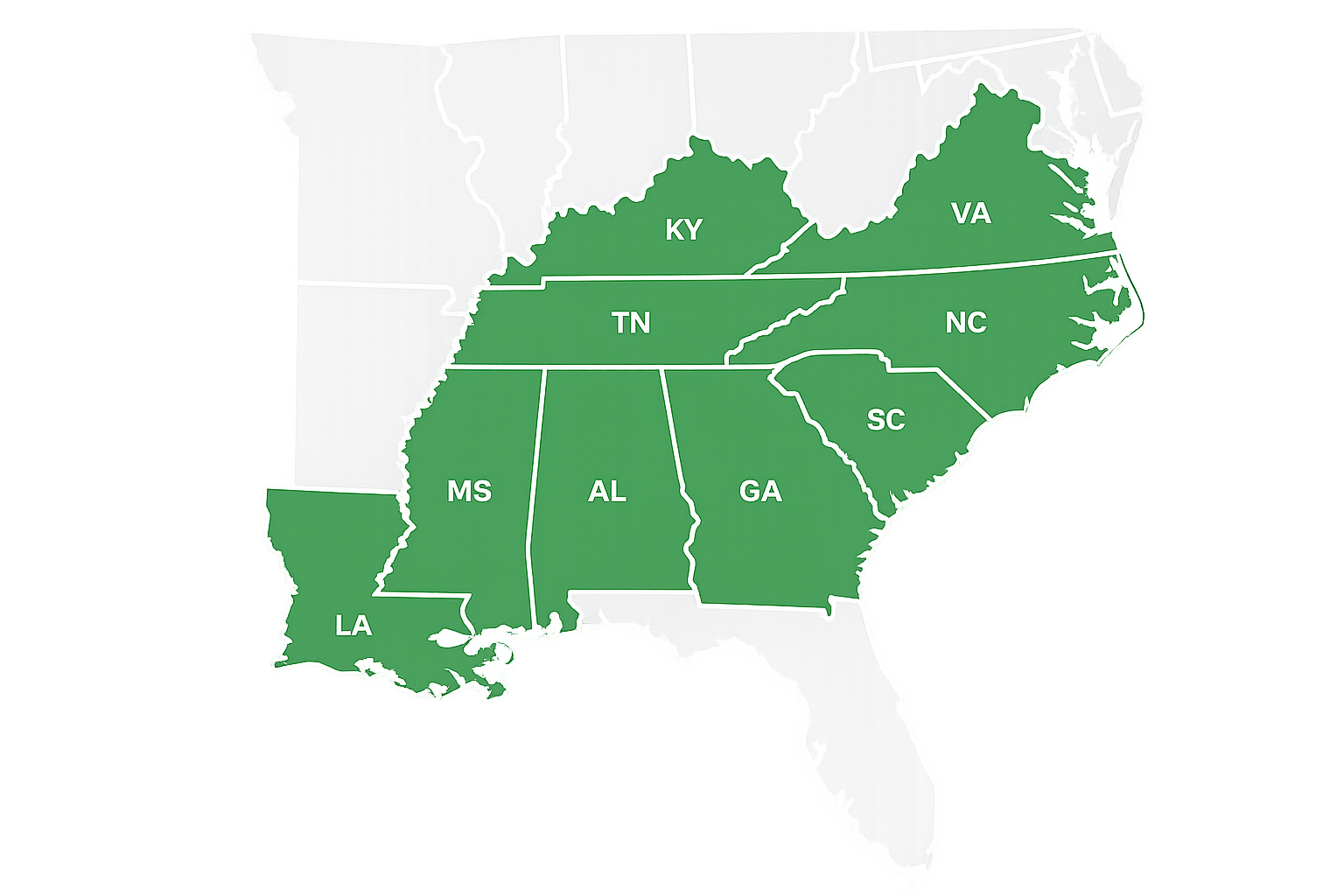 Map showing states where we are licensed to operate: Alabama, Georgia, Kentucky, Louisiana, Mississippi, North Carolina, South Carolina, Tennessee, and Virginia.